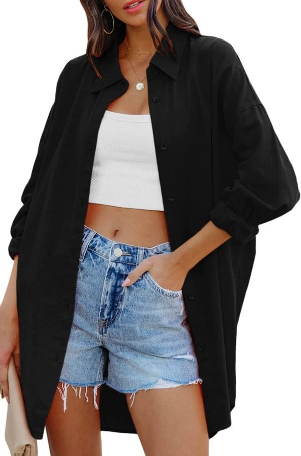 Jngrtsyjvip Fashion   Womens Oversized Button Down Shirts Casual Loose Long Sleeve Solid Lapel Long Blouses Tops with Pockets