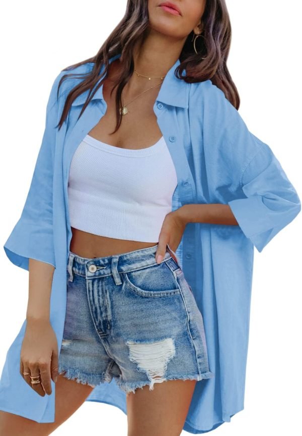 Jngrtsyjvip Fashion   Womens Oversized Button Down Shirts Casual Loose Long Sleeve Solid Lapel Long Blouses Tops with Pockets