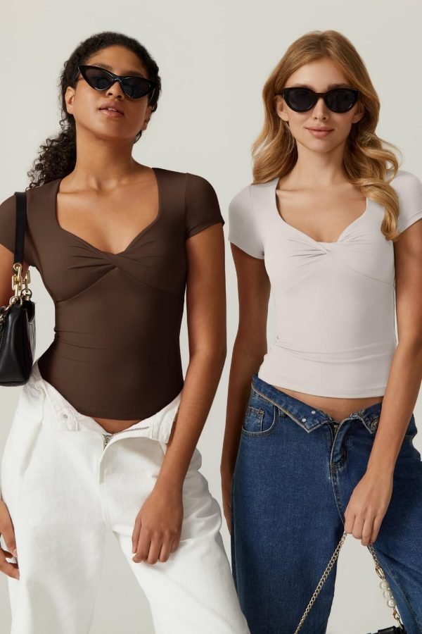 Jngrtsyjvip Fashion Women's Sexy Twist Front V Neck T Shirts Double Lined Short Sleeve Slim Fit Crop Top Trendy Y2K Tops Tee