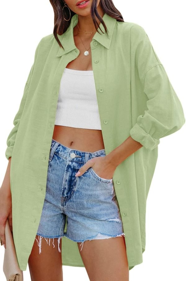 Jngrtsyjvip Fashion   Womens Oversized Button Down Shirts Casual Loose Long Sleeve Solid Lapel Long Blouses Tops with Pockets