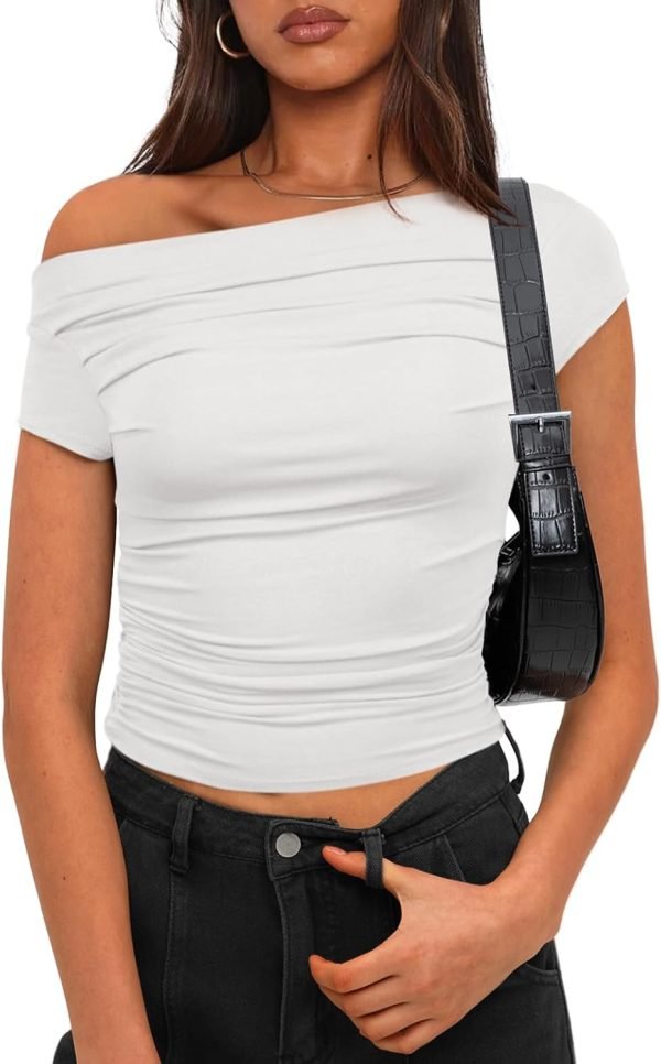 61dJodIoKgL._AC_SL1500 Jngrtsyjvip Fashion Women's Summer Cap Sleeve Boat Neck Off Shoulder Top Going Out Slim Fit Tops Y2K Tight Shirts