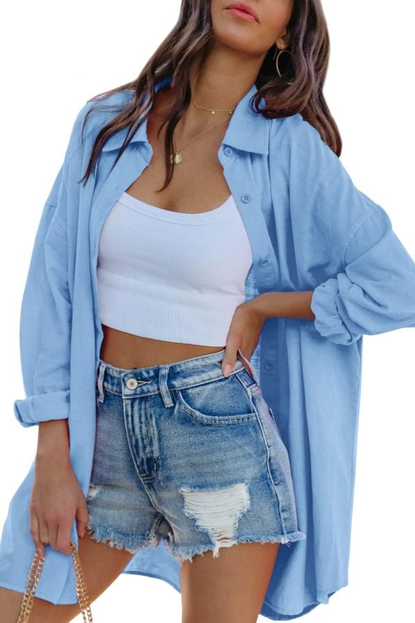 Jngrtsyjvip Fashion   Womens Oversized Button Down Shirts Casual Loose Long Sleeve Solid Lapel Long Blouses Tops with Pockets