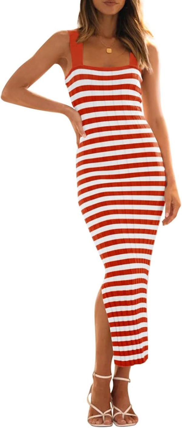 61eazYrIDQL._AC_SL1500 Jngrtsyjvip Fashion Women's 2024 Summer Striped Knit Bodycon Midi Dress Square Neck Side Slit Tank Ribbed Sweater Dresses