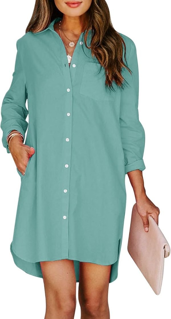 Jngrtsyjvip Fashion Womens Button Down Shirt Dresses with Pockets Cotton Button Up Tunics Long Sleeve Solid High Low Blouse Tops