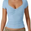 Jngrtsyjvip Fashion Women's Sexy Twist Front V Neck T Shirts Double Lined Short Sleeve Slim Fit Crop Top Trendy Y2K Tops Tee