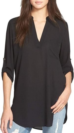 61ivSmpHc0L._AC_SL1295 Jngrtsyjvip Fashion Women's Split-Neck Roll-Tab Sleeves Tunic - Perfect Long for Leggings Shirt Cute Versatile Top Notch V Neck Plus Size Blouse