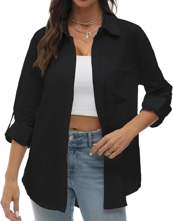 Jngrtsyjvip Fashion Womens Button Down Shirts Long/Roll Up Sleeve cotton and linen women's shirt Collared Work Blouses Oversized Loose Tops with Pocket