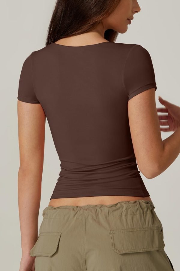 Jngrtsyjvip Fashion Women's Sexy Twist Front V Neck T Shirts Double Lined Short Sleeve Slim Fit Crop Top Trendy Y2K Tops Tee