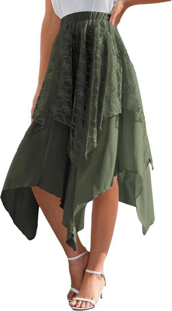 Jngrtsyjvip Fashion  Women's Lace Overlay Elastic Waist Asymmetrical High Low A Line Long Skirt