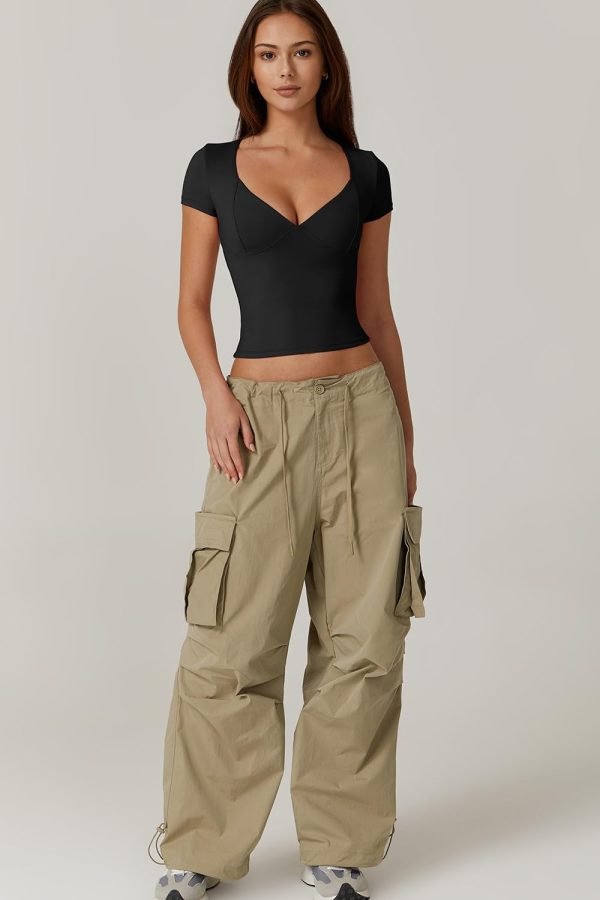 Jngrtsyjvip Fashion Women's V Neck Short Sleeve T Shirts Double Lined Tee Seamed Cup Going Out Tops