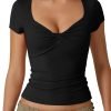 Jngrtsyjvip Fashion Women's Sexy Twist Front V Neck T Shirts Double Lined Short Sleeve Slim Fit Crop Top Trendy Y2K Tops Tee