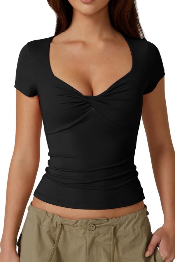 Jngrtsyjvip Fashion Women's Sexy Twist Front V Neck T Shirts Double Lined Short Sleeve Slim Fit Crop Top Trendy Y2K Tops Tee