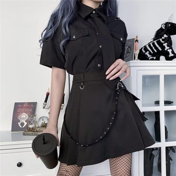 Jngrtsyjvip Fashion  Black Pleated Mini Skirt with Chain High Waisted Tennis Skirt