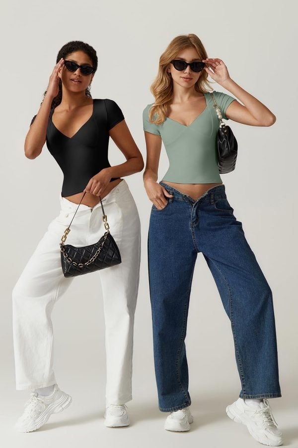 Jngrtsyjvip Fashion Women's V Neck Short Sleeve T Shirts Double Lined Tee Seamed Cup Going Out Tops