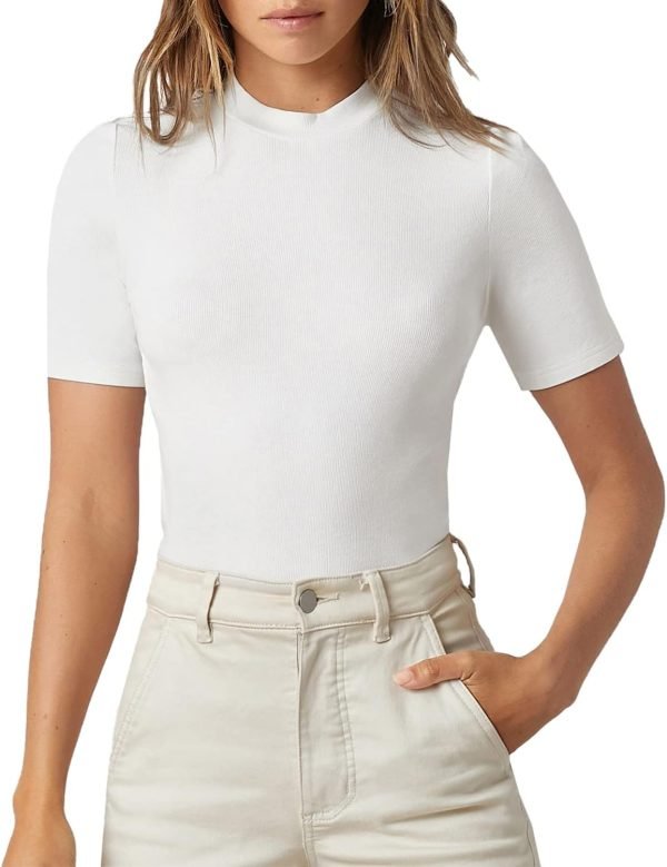 Jngrtsyjvip Fashion Women's Casual Basic Mock Neck Short Sleeve Rib Knit Tee Top