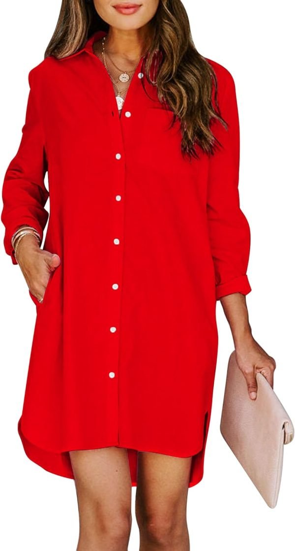 Jngrtsyjvip Fashion Womens Button Down Shirt Dresses with Pockets Cotton Button Up Tunics Long Sleeve Solid High Low Blouse Tops