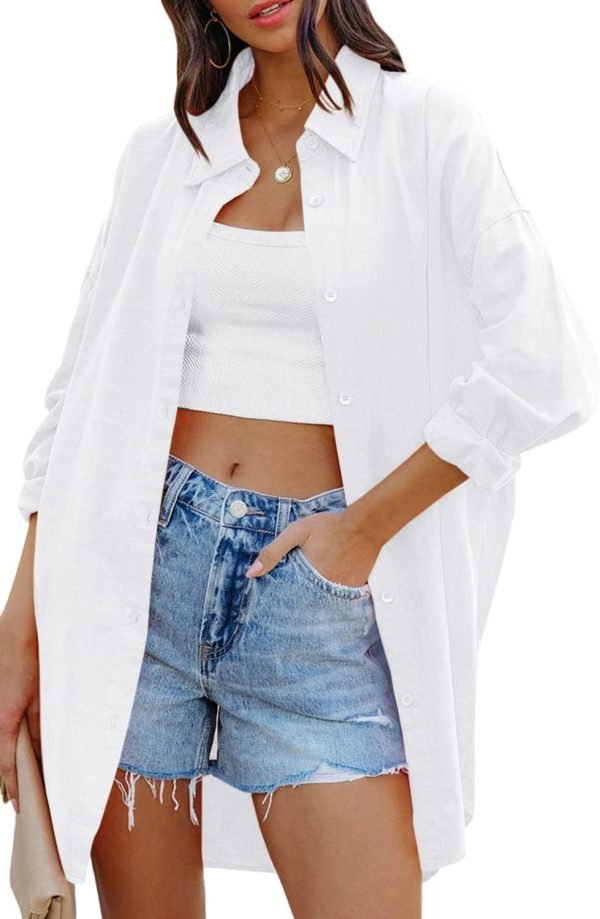 Jngrtsyjvip Fashion   Womens Oversized Button Down Shirts Casual Loose Long Sleeve Solid Lapel Long Blouses Tops with Pockets