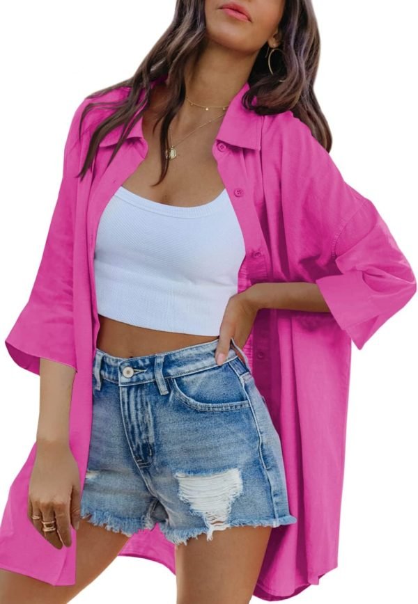 Jngrtsyjvip Fashion   Womens Oversized Button Down Shirts Casual Loose Long Sleeve Solid Lapel Long Blouses Tops with Pockets