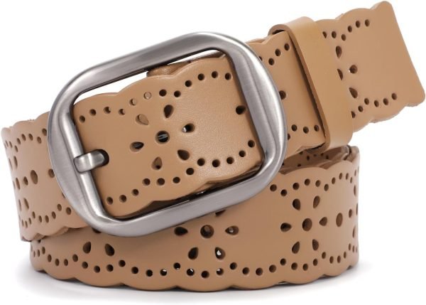 Jngrtsyjvip Fashion  Women’s Hollow Flower Leather Belt for Jeans Pants Wide Belt for Ladies