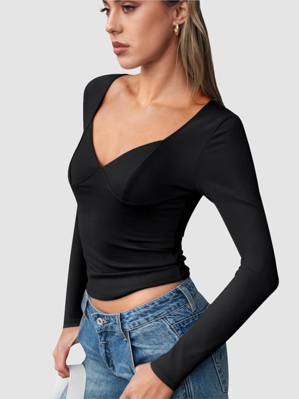 Jngrtsyjvip Fashion Womens Long Sleeve Deep V-Neck Crop Tops Basic Y2K Going Out Tops Fall Outfits 2024 Fashion Clothes