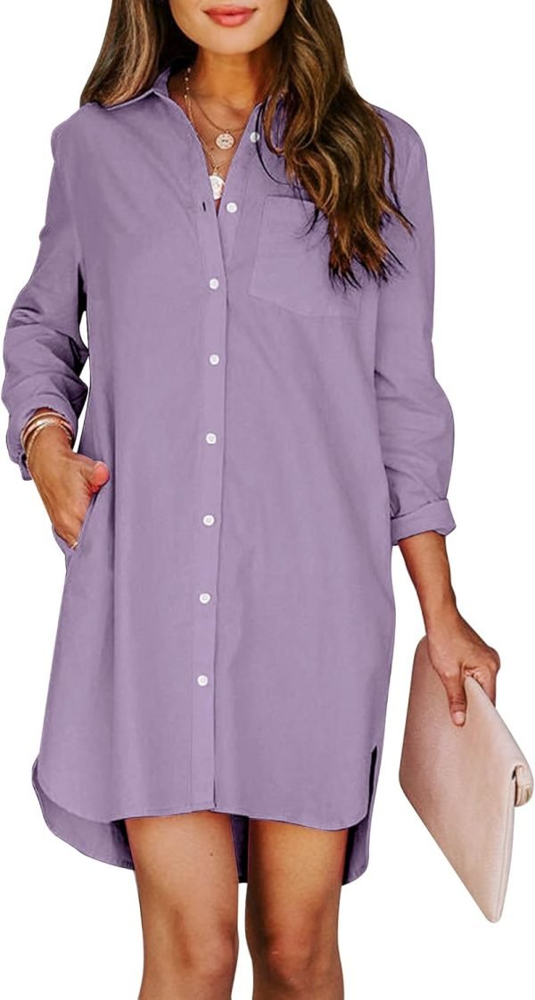 Jngrtsyjvip Fashion Womens Button Down Shirt Dresses with Pockets Cotton Button Up Tunics Long Sleeve Solid High Low Blouse Tops