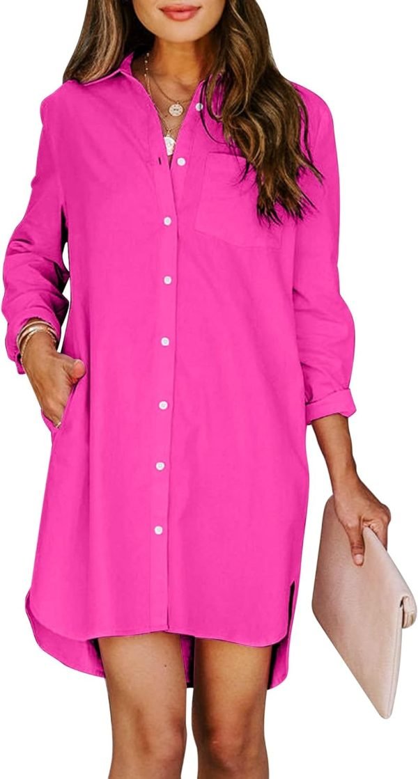 Jngrtsyjvip Fashion Womens Button Down Shirt Dresses with Pockets Cotton Button Up Tunics Long Sleeve Solid High Low Blouse Tops