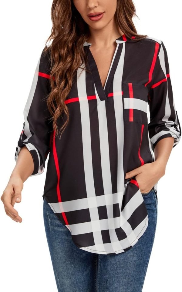61xo_FC-x8L._AC_SL1500 Jngrtsyjvip Fashion Women's Split-Neck Roll-Tab Sleeves Tunic - Perfect Long for Leggings Shirt Cute Versatile Top Notch V Neck Plus Size Blouse