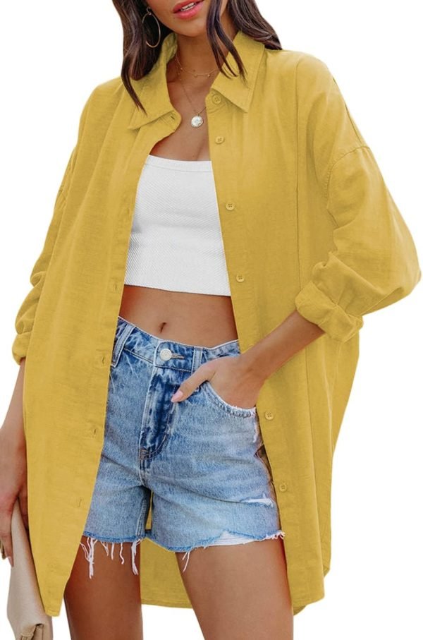 Jngrtsyjvip Fashion   Womens Oversized Button Down Shirts Casual Loose Long Sleeve Solid Lapel Long Blouses Tops with Pockets