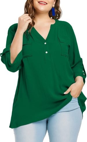 61z4UU4HAWL._AC_SL1500 Jngrtsyjvip Fashion Women Plus Size Tops V Neck Button Up Tunic Tops Casual Long Roll Tab Sleeves Blouses Shirts with Pockets