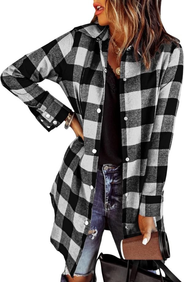 Jngrtsyjvip Fashion   Flannel for Women 2024 Fall Fashion Long Sleeve Plaid Button Down Shirts Shacket Blouse Top with Pockets