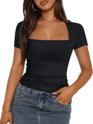 711JhHGVulL._AC_SL1500 Jngrtsyjvip Fashion Women's Square Neck Tops Short Sleeve Shirts Going Out Tops 2024