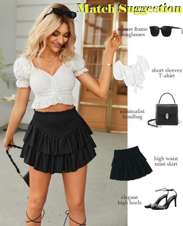 Jngrtsyjvip Fashion  Women's High Waist Ruffle Flowy Mini Skirts Stretchy Lined Layered Pleated Casual Beach Short Skirt