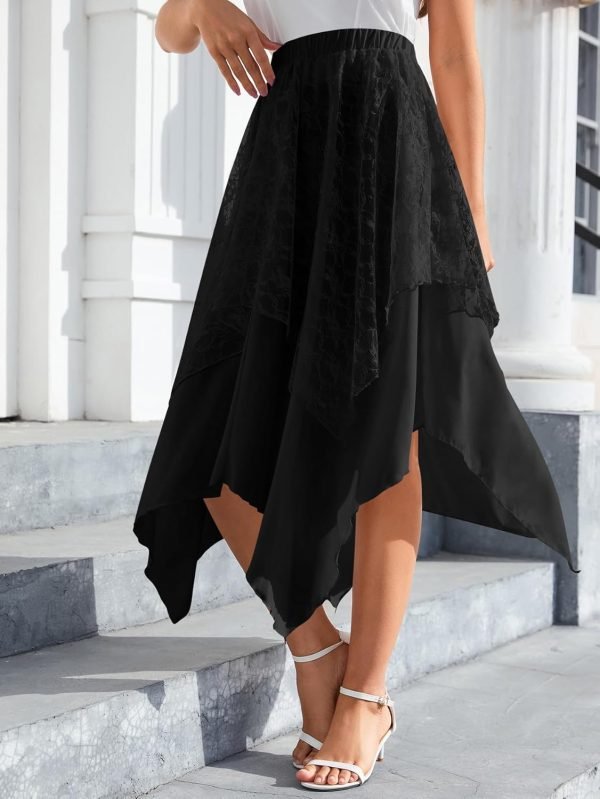 Jngrtsyjvip Fashion  Women's Lace Overlay Elastic Waist Asymmetrical High Low A Line Long Skirt