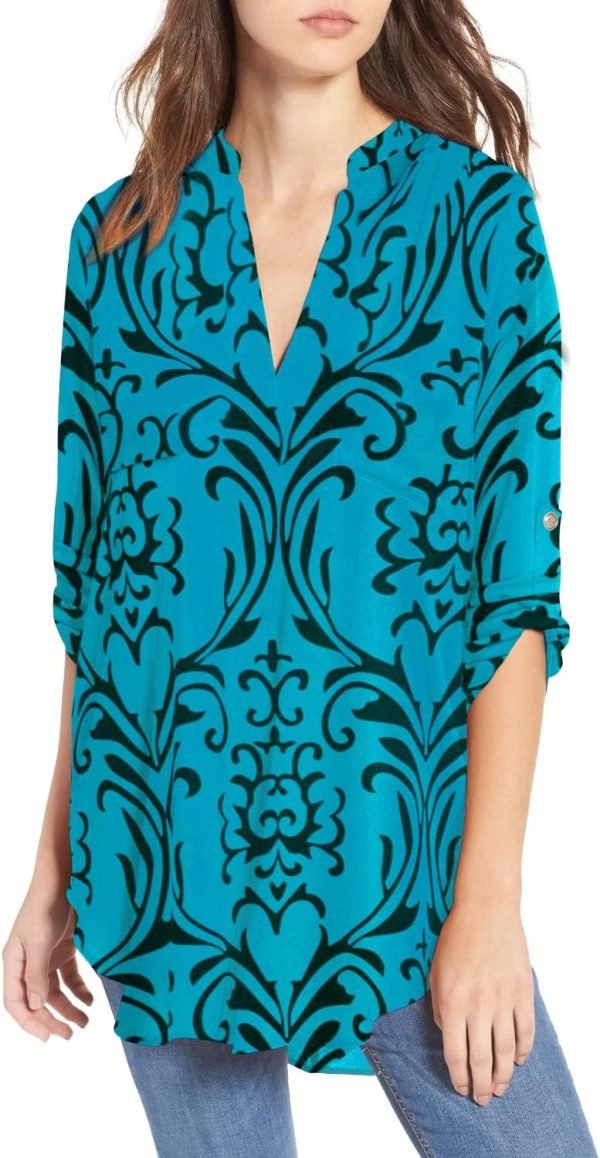 712tHtdORjL._AC_SL1500 Jngrtsyjvip Fashion Women's Split-Neck Roll-Tab Sleeves Tunic - Perfect Long for Leggings Shirt Cute Versatile Top Notch V Neck Plus Size Blouse