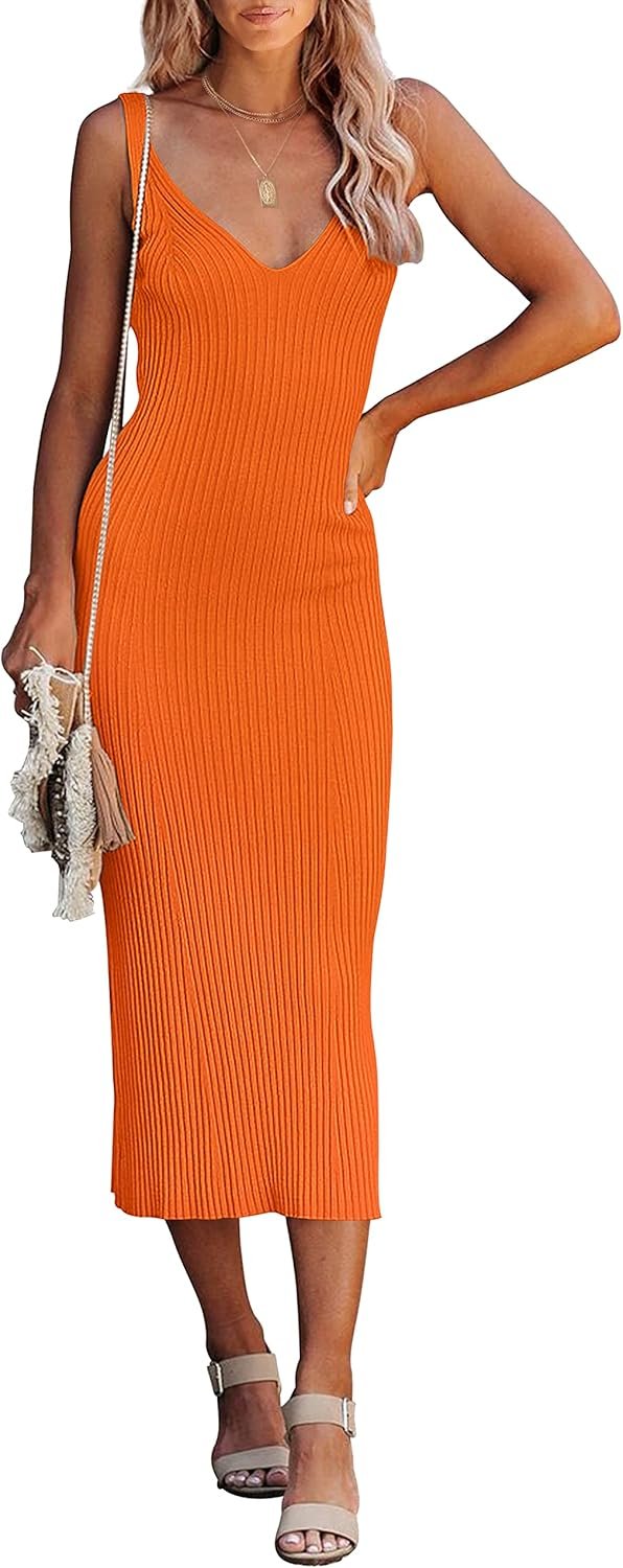 Jngrtsyjvip Fashion  Womens 2024 Summer V Neck Knit Midi Dress Bodycon Sleeveless Ribbed Sweater Dresses