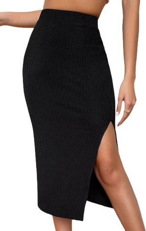 713UiQ0braL._AC_SL1500 Jngrtsyjvip Fashion Women's High Waist Slit Hem Rib Knit Midi Bodycon Skirt