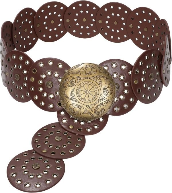 714xMtLsEmL._AC_SL1500 Jngrtsyjvip Fashion Western Belts for Women Wide Hollow Disc Leather Belt Cowgirl Waist Belt for Jeans Dresses with Metal Buckle