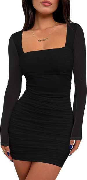 715xzDvdt7L._AC_SL1500 Jngrtsyjvip Fashion Women's Sexy Ruched Bodycon Mini Dress Mesh Long Sleeve Club Party Short Dresses