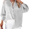Jngrtsyjvip Fashion Women's Smocked Cuffed Striped Boyfriend Shirt with Pocket Casual Collar Long Sleeve Blouse Tops for Pocket Shirred