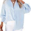 Jngrtsyjvip Fashion Women's Smocked Cuffed Striped Boyfriend Shirt with Pocket Casual Collar Long Sleeve Blouse Tops for Pocket Shirred