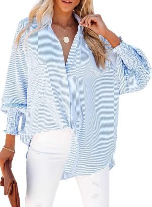 716YzFwexqL._AC_SL1500 Jngrtsyjvip Fashion Women's Smocked Cuffed Striped Boyfriend Shirt with Pocket Casual Collar Long Sleeve Blouse Tops for Pocket Shirred