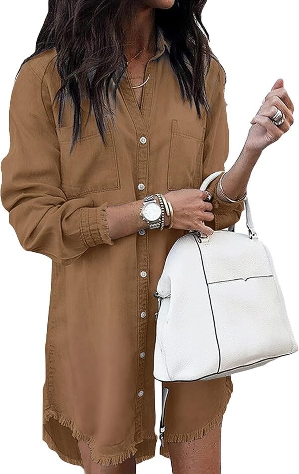 Jngrtsyjvip Fashion   Women Denim Shirt Dresses Long Sleeve Distressed Jean Dress Button Down Casual Tunic Top