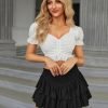 Jngrtsyjvip Fashion  Women's High Waist Ruffle Flowy Mini Skirts Stretchy Lined Layered Pleated Casual Beach Short Skirt