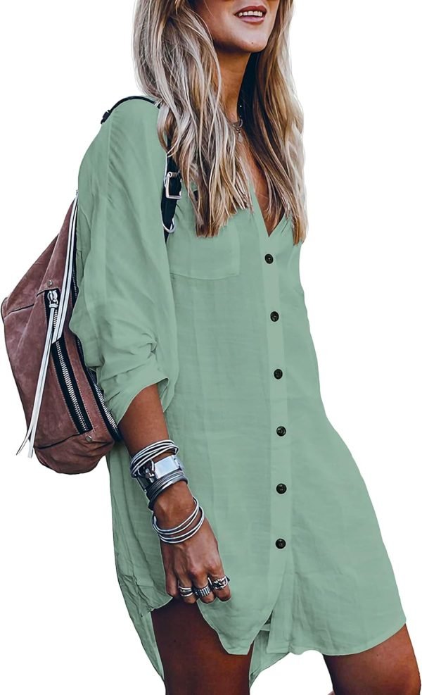 Jngrtsyjvip Fashion   Women's Swimsuit Cover Up Summer Beachwear Button Down Shirt Bikini Bathing Suit Beach Coverup Mini Dresses