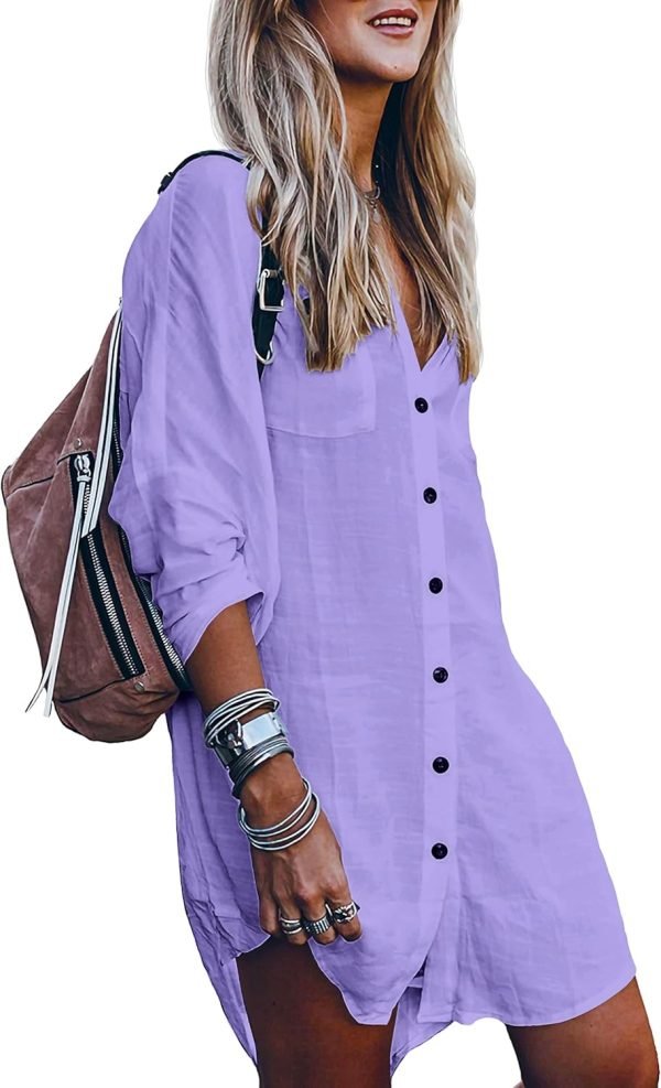Jngrtsyjvip Fashion   Women's Swimsuit Cover Up Summer Beachwear Button Down Shirt Bikini Bathing Suit Beach Coverup Mini Dresses