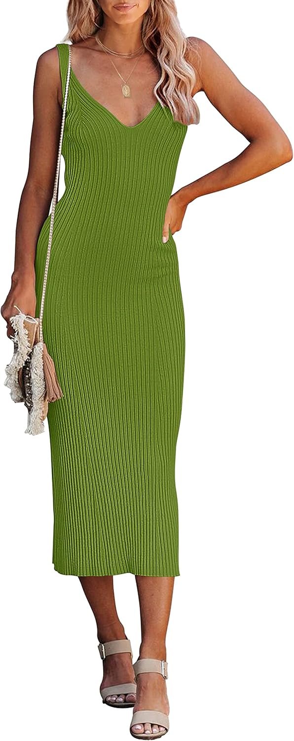 Jngrtsyjvip Fashion  Womens 2024 Summer V Neck Knit Midi Dress Bodycon Sleeveless Ribbed Sweater Dresses