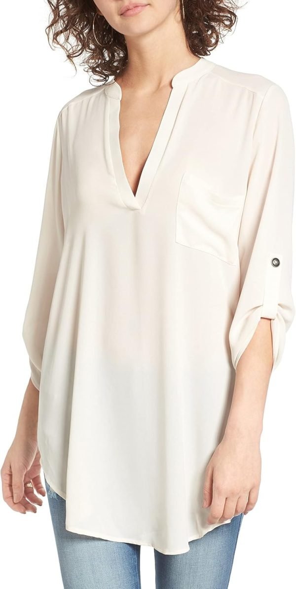 71EGRMoH_wL._AC_SL1500 Jngrtsyjvip Fashion Women's Split-Neck Roll-Tab Sleeves Tunic - Perfect Long for Leggings Shirt Cute Versatile Top Notch V Neck Plus Size Blouse