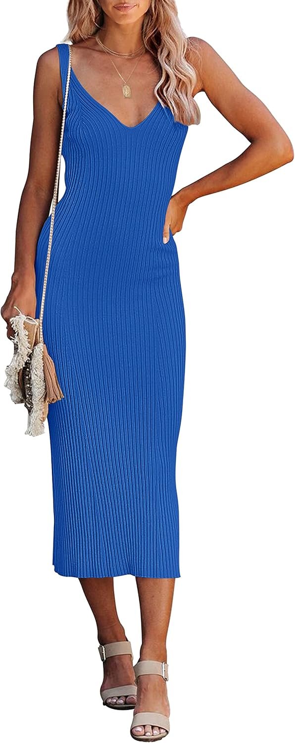 Jngrtsyjvip Fashion  Womens 2024 Summer V Neck Knit Midi Dress Bodycon Sleeveless Ribbed Sweater Dresses