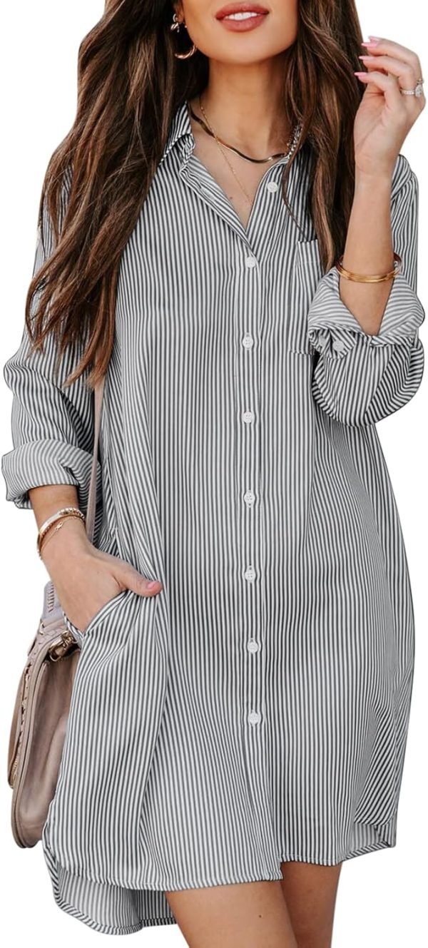71FogGOzReL._AC_SL1500 Jngrtsyjvip Fashion Womens Button Down Shirt Dresses with Pockets Cotton Striped Shirts Collared Tunics Long Sleeve High Low Blouse Tops