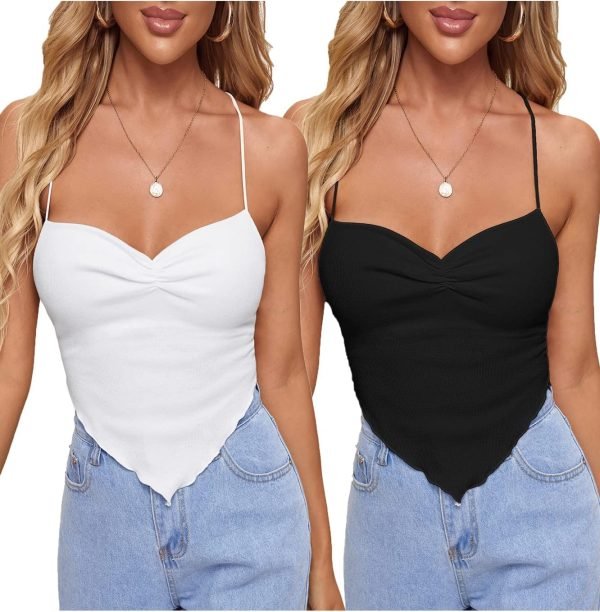 Jngrtsyjvip Fashion Women's Criss Cross Backless Strappy Asymmetrical Hem Crop Cami Top